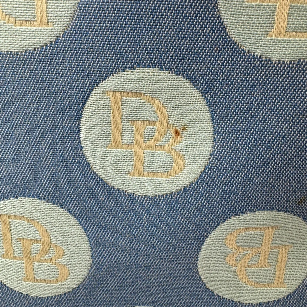 Dooney & Bourke Vintage Blue Denim DB Logo Circle Print Tote Bag‎ Brown Leather